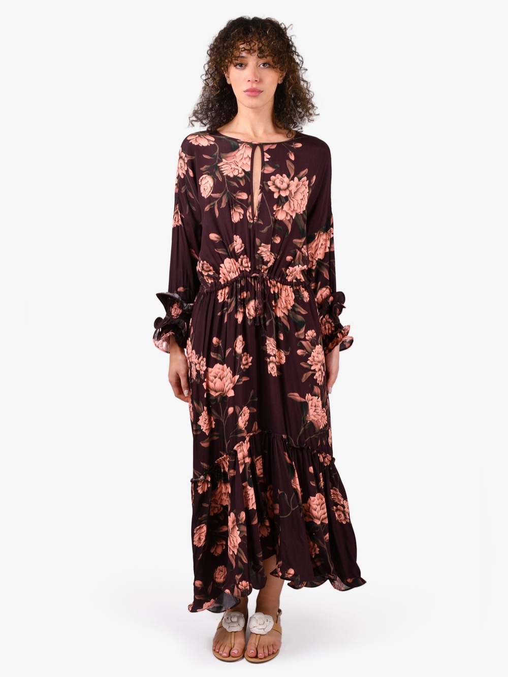 Johanna Ortiz x H&M Burgundy/Peach Floral Ruffle Maxi Dress Size Small